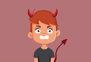 Naughty Evil Child Misbehaving Being Disobedient Vector Cartoon Illustration. Diabolical naughty boy feeling furious making a scene acting out
