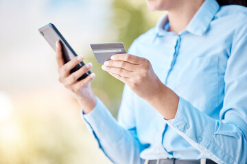 Ecommerce, online shopping and credit card phone payment by woman in retail in an urban city. Online banking, finance and investing while paying for subscription and bills on an internet app