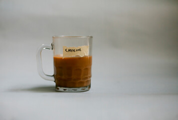 drinking glass of coffee latte with text word caffeine written on duct tape
