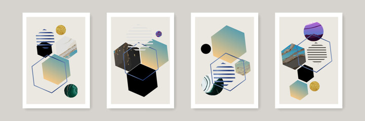 Abstract Creative Wall Art Vector Set. Modern Color Cover Set. Geometric Shapes with Abstract Texture Backgrounds. Good for Wall Decor, Print, Poster, Card or Brochure.