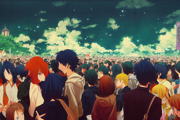 anime crowds in cinematic atmosphere. High quality 3d illustration