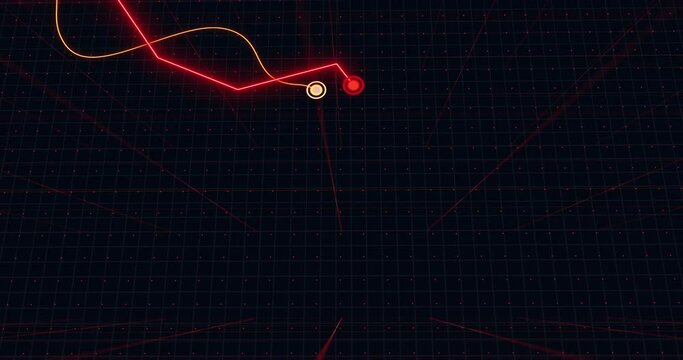 Red line chart falling in three-dimensional space.