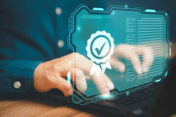 Businessman working with sign of the top service quality assurance on virtual screen. Guarantee,...