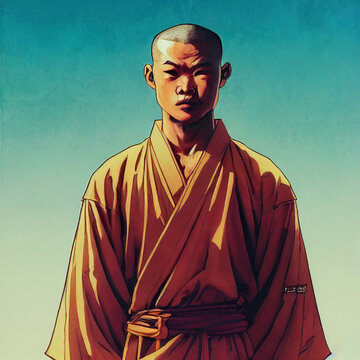 Shaolin monk portrait, cover page design, digital illustration