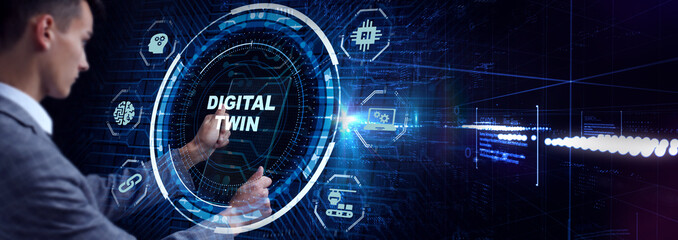 Digital twin industrial technology and manufacturing automation technology. - obrazy, fototapety, plakaty