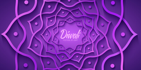 Paper cut style Indian mandala for Diwali festival of light. Ornament of purple lotus flower. Festive banner or header for website. Hindu background. Vector illustration