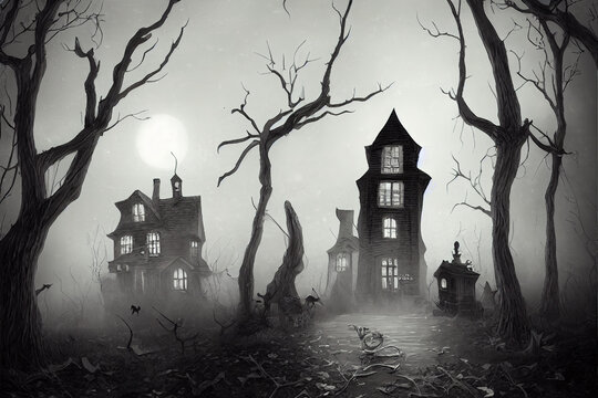 black and white illustration of dark haunting houses. High quality 3d illustration