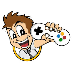 man holding game console joystick controller logo brand vector - 529352802