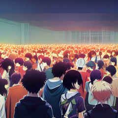 crowds anime style. High quality 3d illustration
