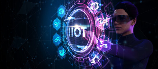 Internet of things - IOT concept. Businessman offer IIOT products and solutions. The future of...