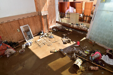 Apartment flooded by the typhoon Hinnamnor in Jenae-ri, Daesong-myeon, Nam-gu, Pohang-si,...