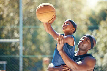 Family basketball, sports father and child, support while training kid in on court in summer, help learning sport game and teaching young athlete. Motivation dad helping African sports person