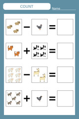 How many counting game with funny pets. Worksheet for preschool kids, kids activity sheet, printable worksheet