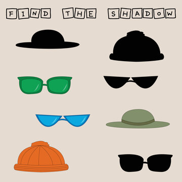 Colorful  hat and sunglasses for kids. Find the correct shadow. Educational game for children.