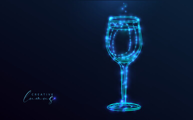 Starry glass on deep blue background. Silhouette of wine or champagne glass with stars, light dots, light globes and blue neon. Constellation style, futuristic, modern.
