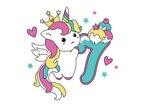 Cute unicorn collection in kawaii style with number seven.Happy birthday concept for one month or one year. 
Vector illustration with a character for a greeting card, T-shirt, photo album, holiday
