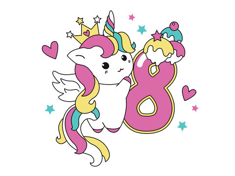 Cute unicorn collection in kawaii style with number eight.Happy birthday concept for one month or one year. 
Vector illustration with a character for a greeting card, T-shirt, photo album, holiday

