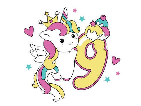 Cute unicorn collection in kawaii style with number nine.Happy birthday concept for one month or one year. 
Vector illustration with a character for a greeting card, T-shirt, photo album, holiday
