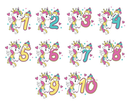 Set of Cute unicorn collection in kawaii style with number. Happy birthday concept for one month or one year. 
Vector illustration with a character for a greeting card, T-shirt, photo album, holiday
