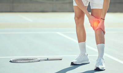 Tennis athlete legs with knee pain, injury or inflammation from sports fitness training exercise...