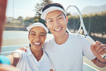 Selfie, tennis and friends with a man and woman taking a photograph on a sports court after a game...