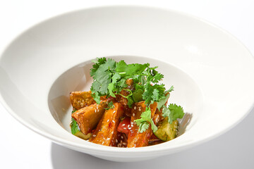 Crispy eggplant in chinese style on white plate. Crispy eggplant salad on summer menu. Asian appetizer - roasted aubergine with coriander leaves. Vegan food. Aesthetic veggie menu.