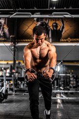 Fototapeta na wymiar High quality photo. Young fit man doing maching chest exercises in the gym. Man with weight training in gym equipment sport club. Strong fitness hispanic man doing arm workout with cable machine.