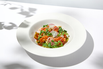 Elegant salad with baked salmon in sauce with vegetables on white table with harsh shadows. Salmon salad with radish on white background with shadows of leaves. Summer salad with roasted trout.
