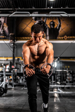 High quality photo. Young fit man doing maching chest exercises in the gym. Man with weight training in gym equipment sport club. Strong fitness hispanic man doing arm workout with cable machine.