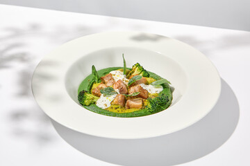 Creative dish from roasted chicken and broccoli puree on white plate. Sliced baked chicken with vegetables and creamy espuma in summer menu.