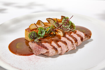 Roasted duck breast with potato gratin and sauce on light background. Fried duck fillet on white plate with hard shadows Elegant summer menu. French cuisine - duck breast with gravy