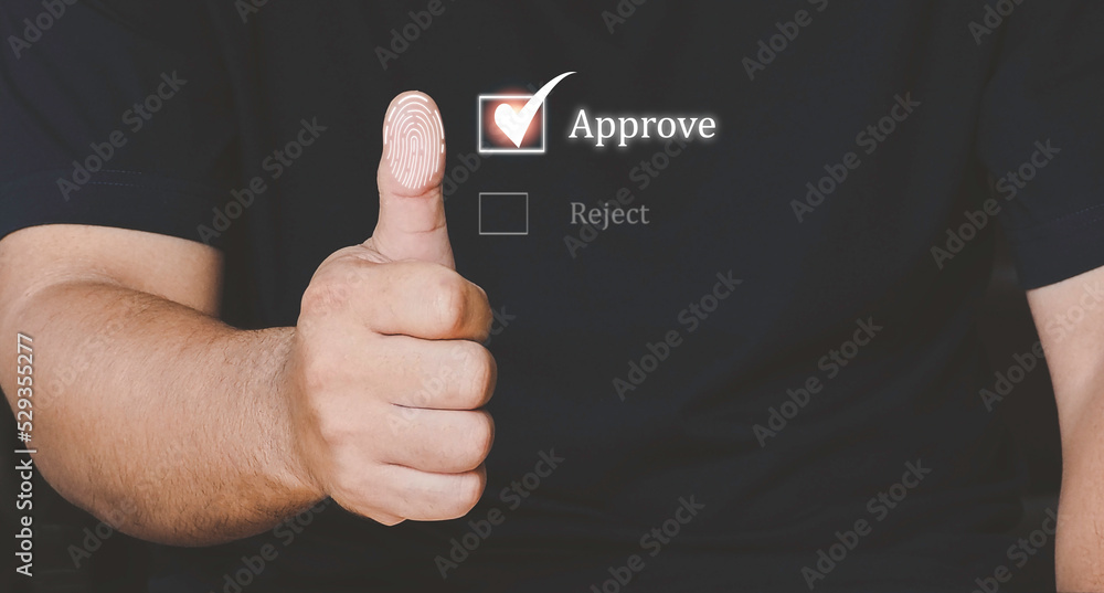 Aufkleber businessman using thumb to scan finger print or for digital tick correct mark to approve password do