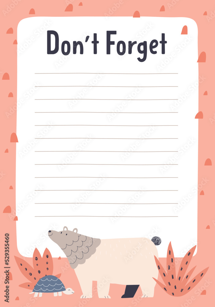 Poster cute diary page template with scandinavian animals and line on blank background. planners, notebooks