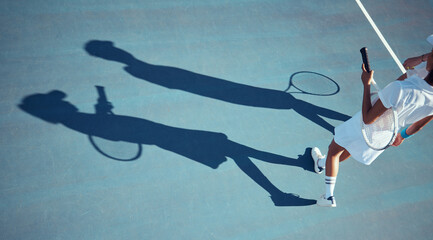 Tennis, sports and people on court in sunshine with silhouette or shadow and mockup. Active fitness...