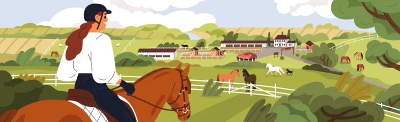 Poster Im Rahmen Horse farm outdoors landscape. Equine field, ranch scenery panorama with stallions, stalls, stables, grass pasture in nature. Equestrian rider and stud panoramic view. Flat vector illustration © Good Studio