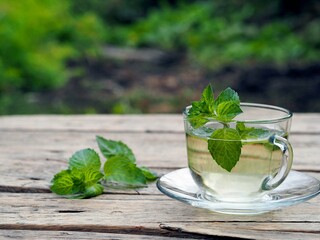 Medicinal herbal tea in a glass cup with mint leaves on a natural background.