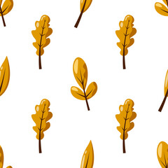Seamless pattern of yellow leaves. Background for poster or cover. Figure for textiles.Simple childish cartoon flat style.Cute doodle autumn leaves. Cozy autumn. Hello autumn.
