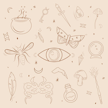 Mystic vector items, dagger, eye, wasp, snakes, moon, mushrooms. Doodle esoteric, boho mystical hand drawn elements. Magic and witchcraft, witch esoteric alchemy. Icons set. Vector magic set.
