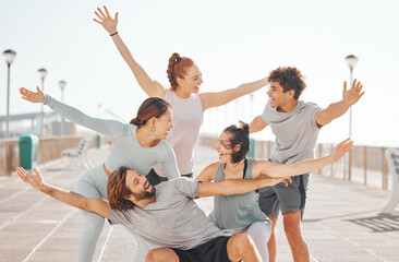 Friends, happy and excited hands outdoors while on exercise break together in gym clothes. Young...