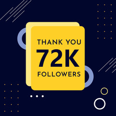 Thank you 72k or 72 thousand followers with yellow frames on dark navy background. Premium design for banner, social media story, social sites post, achievement, social networks, poster.