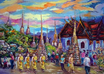  Art painting Oil color temple  Thailand ,   Chedis at Wat Pho Temple    