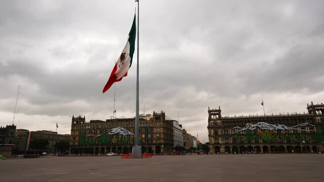 Mexican Flag Waving Historic Center Buildings and Cars Background Daylight Metropolitan Center Mexico City