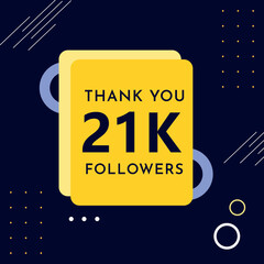 Thank you 21k or 21 thousand followers with yellow frames on dark navy background. Premium design for banner, social media story, social sites post, achievement, social networks, poster.