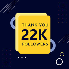 Thank you 22k or 22 thousand followers with yellow frames on dark navy background. Premium design for banner, social media story, social sites post, achievement, social networks, poster.