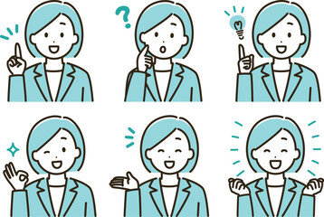 スーツの女性の表情バリエーションのイラストセット（水色バージョン）