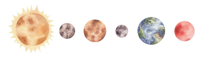 Watercolor inner planets isolated. Watercolor space illustrations. © Aleksandra Baianova