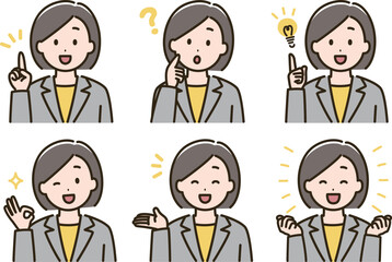 スーツの女性の表情バリエーションのイラストセット（肌色ありバージョン）
