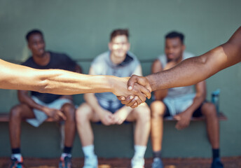 Handshake, competition and men shaking hands to welcome, congratulations or say good luck before a...