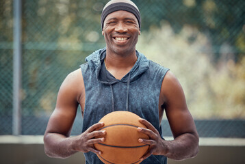 Basketball, black man and smile portrait on court ready for a sports match game outside. African...