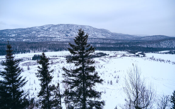 View in winter on Valin mountain and the Monts Valin National Park from the belvedere of Mirador hiking trail, near Saguenay, Quebec (Canada)